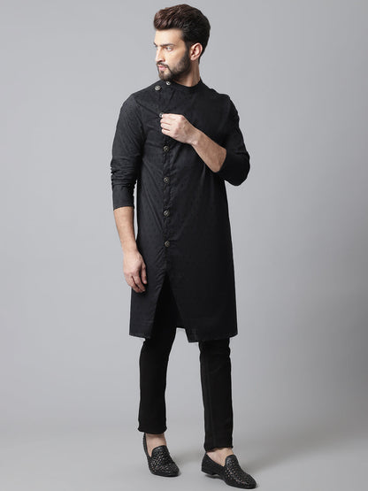 Even Apparels Black Pure Cotton Kurta With Band Collar