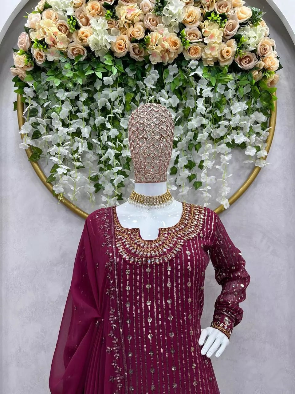 Georgette Function Style Top Pant With Dupatta Set