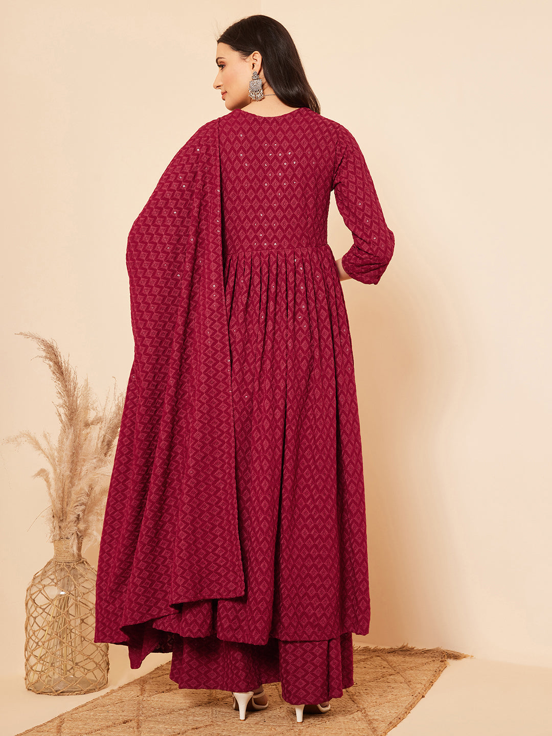 InWeave Women's Maroon Chikankari Long Anarkali Kurta Palazzo Set W Dupatta