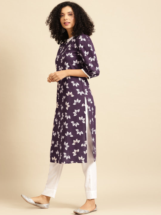 Anayna Women Aubergine & White Floral Screen Print Peter-Pan Collar Cotton Fusion Kurta
