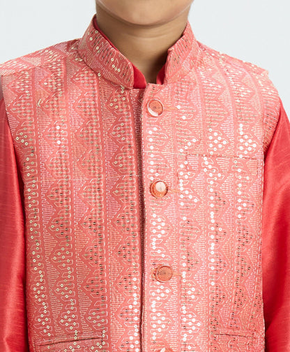 Joban Fashion Kids Island Sequence work Nehru Jacket Full Sleeves Kurta, Pajama Set - Tomato Red