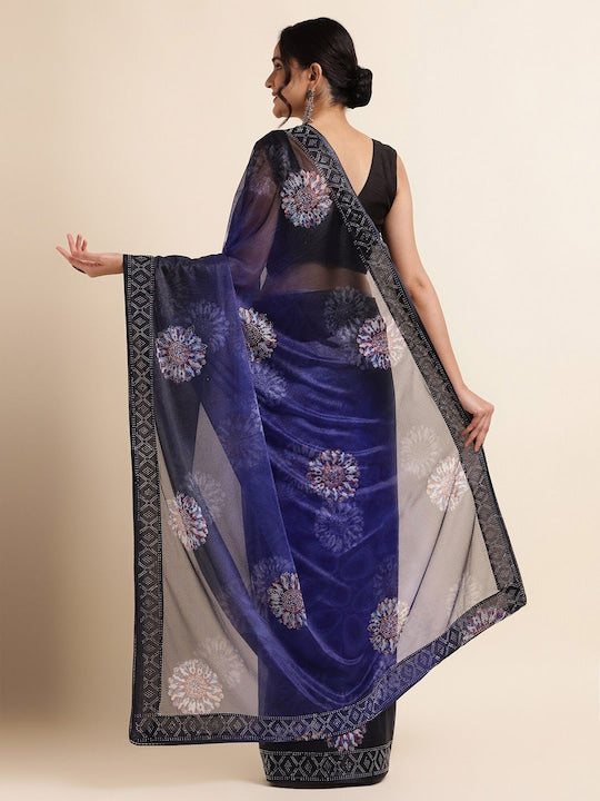 Fabmora Satin Ethnic Motifs Embellished Embroidered Lycra Designer Saree