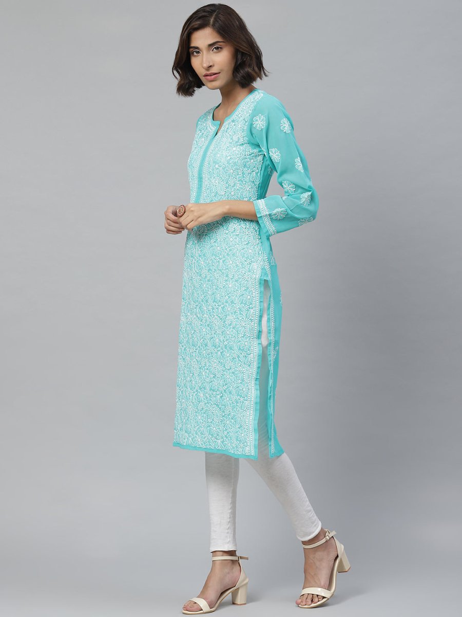ADA Women Sea Green & White Floral Chikankari Embroidered Straight Sustainable Handloom Kurta