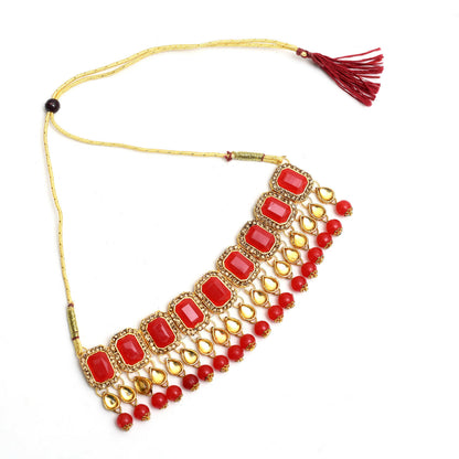 Mominos Fashion Johar Kamal Gold-Polished Brass Finish Kundan/Pearls Choker For Women (Red)