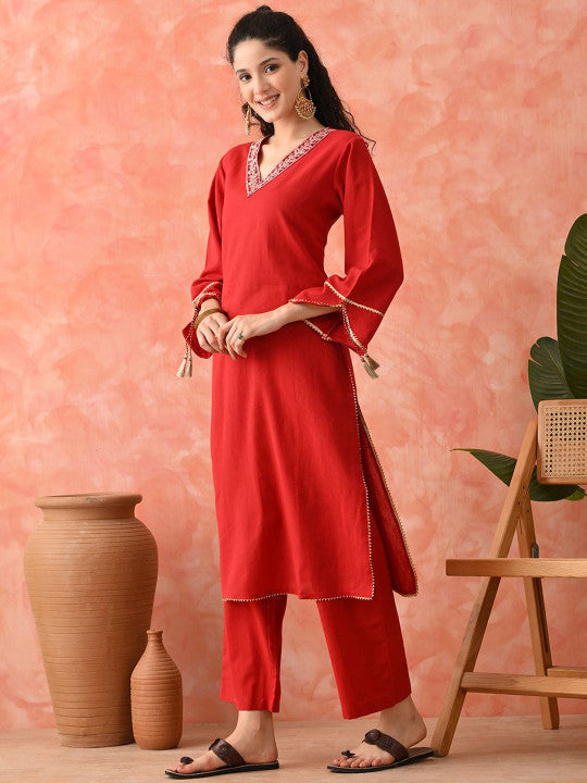 Sangria Women Floral Embroidered Cotton Kurta with Palazzo