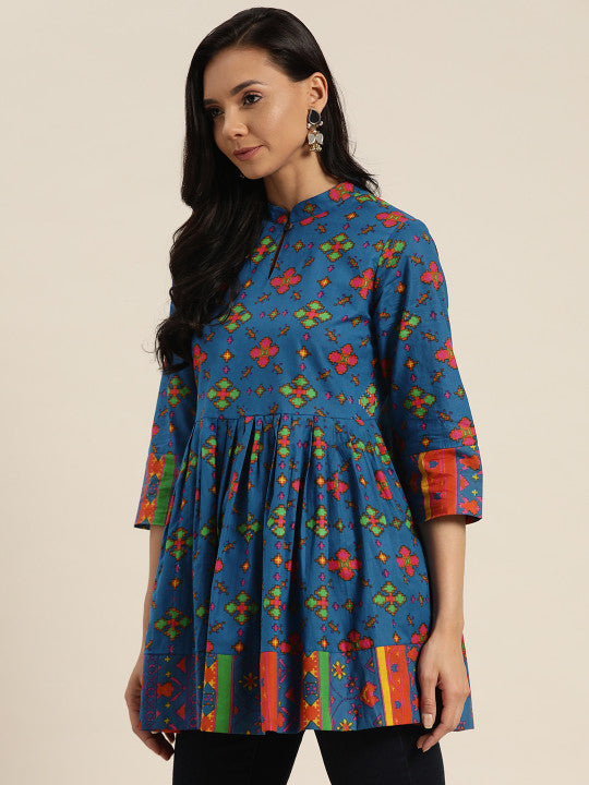 Sangria Women Blue & Green Geometric Print Pure Cotton Longline A-Line Top