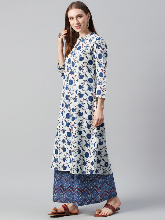 Anayna Women White & Navy Blue Printed Kurta with Palazzos