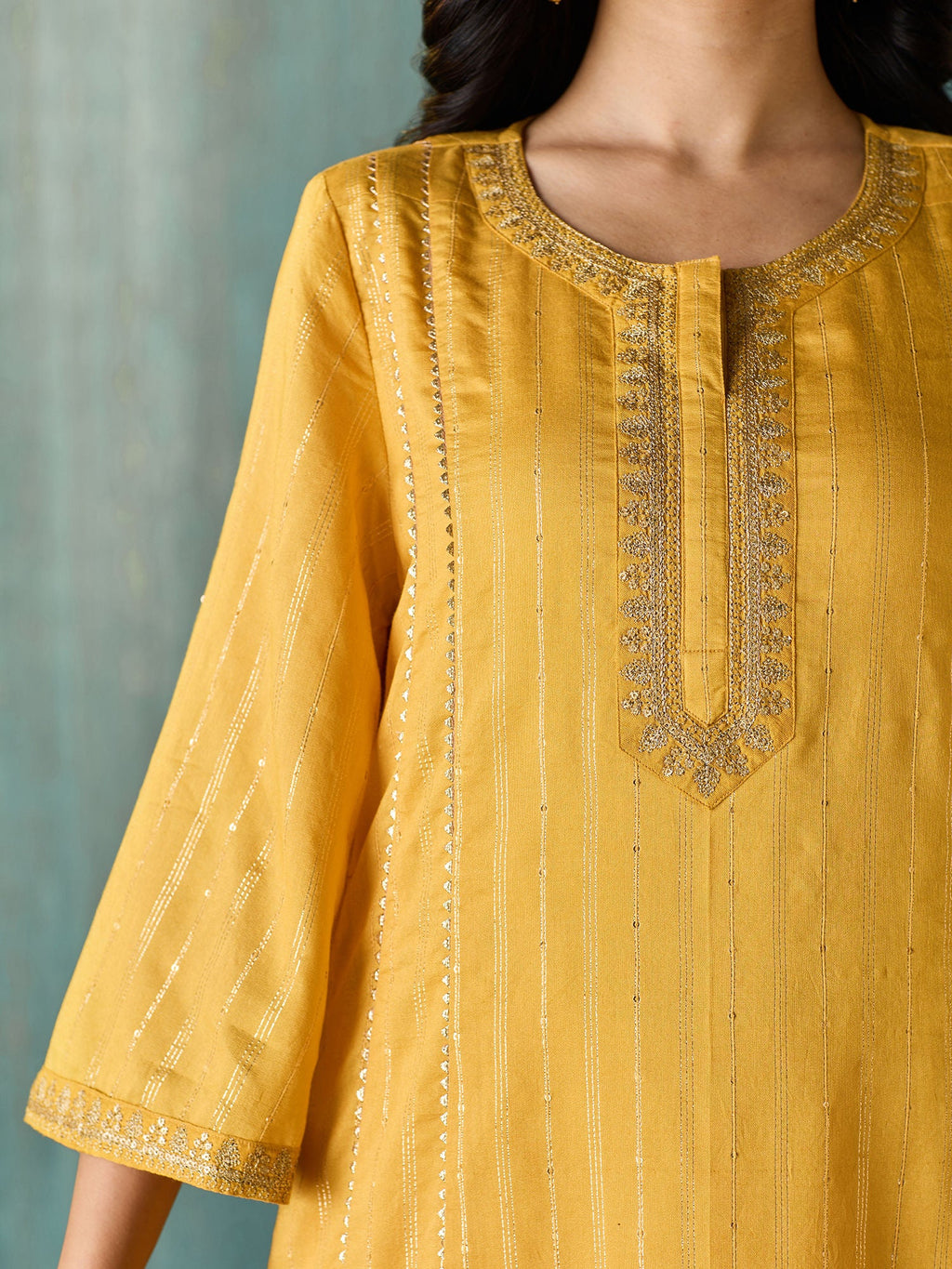 Likha Yellow Tyohar Lurex Chanderi with Sequence Kurta Pant & Dupatta LIKSKD271 (Set of 3)