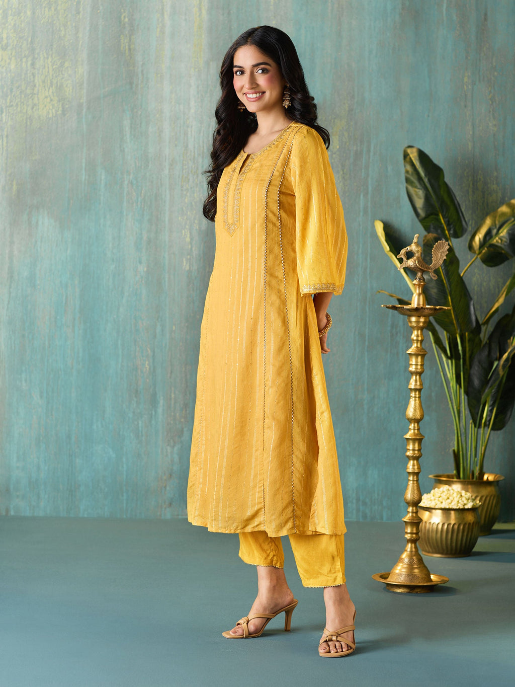 Likha Yellow Tyohar Lurex Chanderi with Sequence Kurta Pant & Dupatta LIKSKD271 (Set of 3)