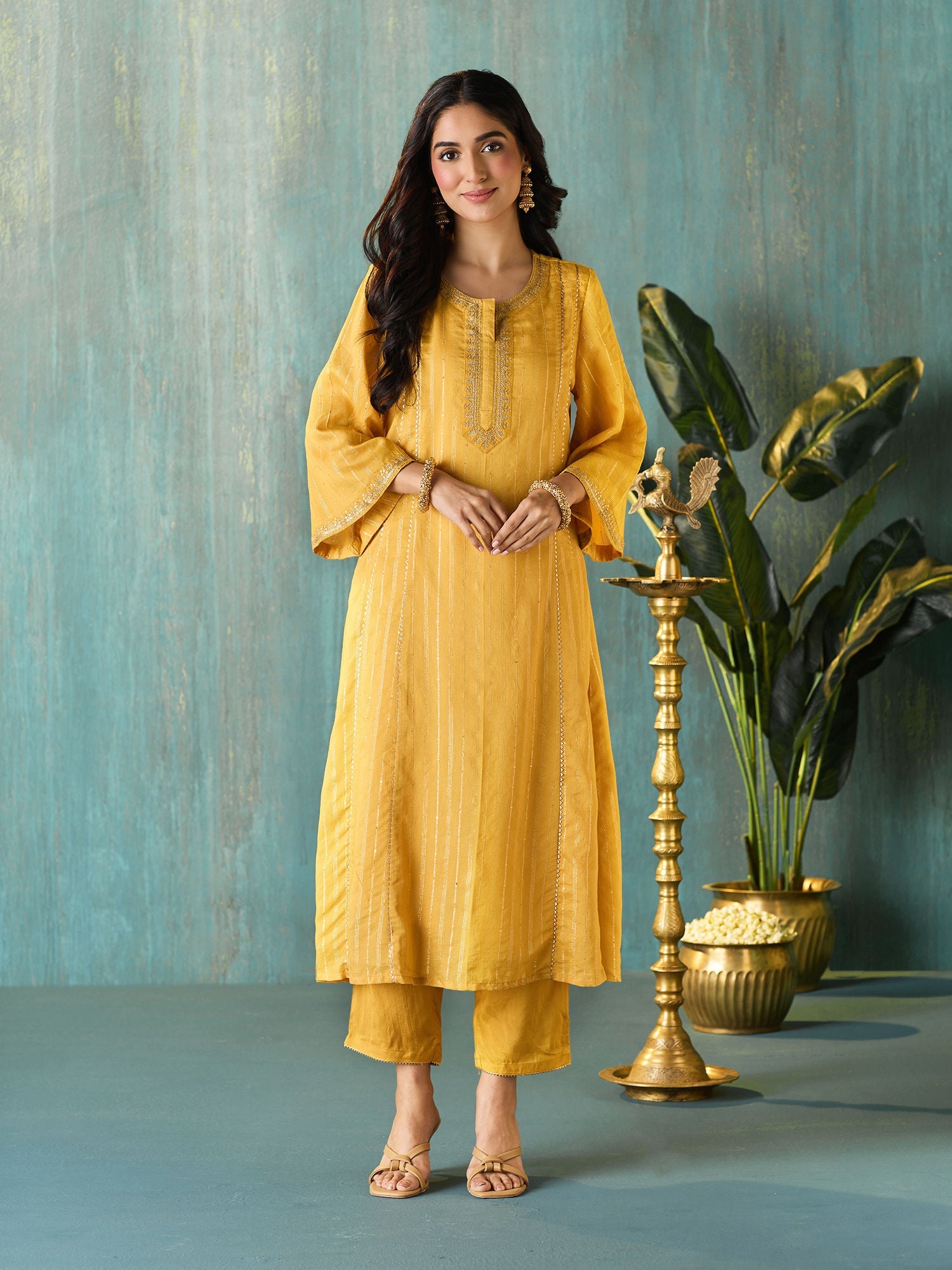 Likha Yellow Tyohar Lurex Chanderi with Sequence Kurta Pant & Dupatta LIKSKD271 (Set of 3)
