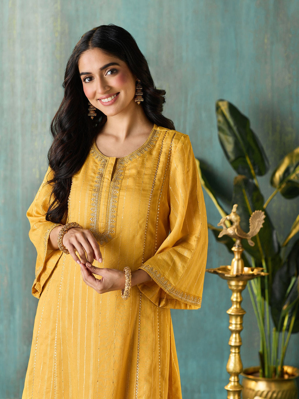 Likha Yellow Tyohar Lurex Chanderi with Sequence Kurta Pant & Dupatta LIKSKD271 (Set of 3)