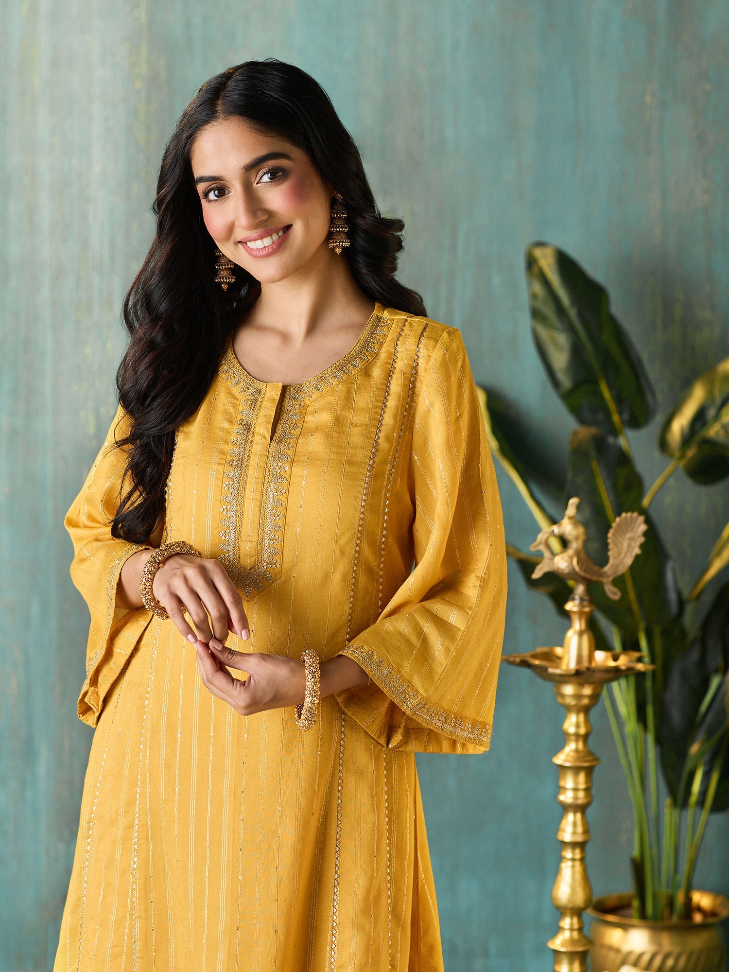 Likha Yellow Tyohar Lurex Chanderi with Sequence Kurta Pant & Dupatta LIKSKD271 (Set of 3)