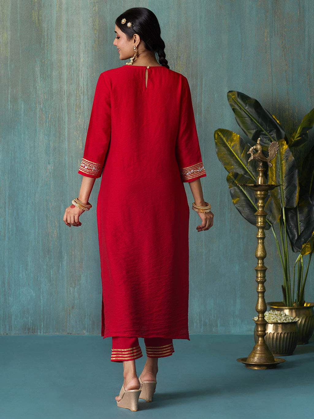 Likha Red Tyohar Viscose Chanderi Gotapatti Work Kurta Pant & Dupatta LIKSKD275 (Set of 3)
