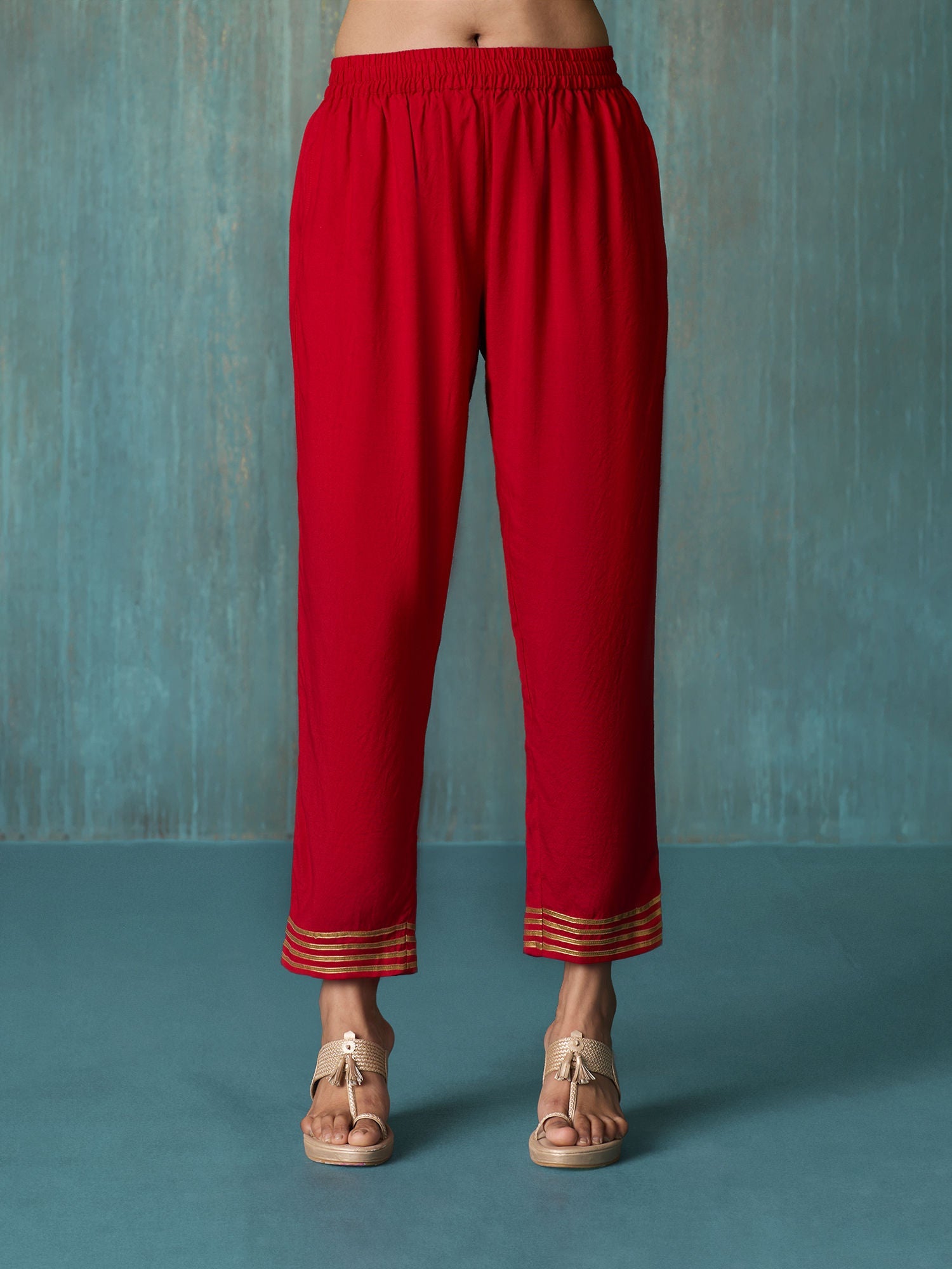 Likha Red Tyohar Viscose Chanderi Gotapatti Work Kurta Pant & Dupatta LIKSKD275 (Set of 3)