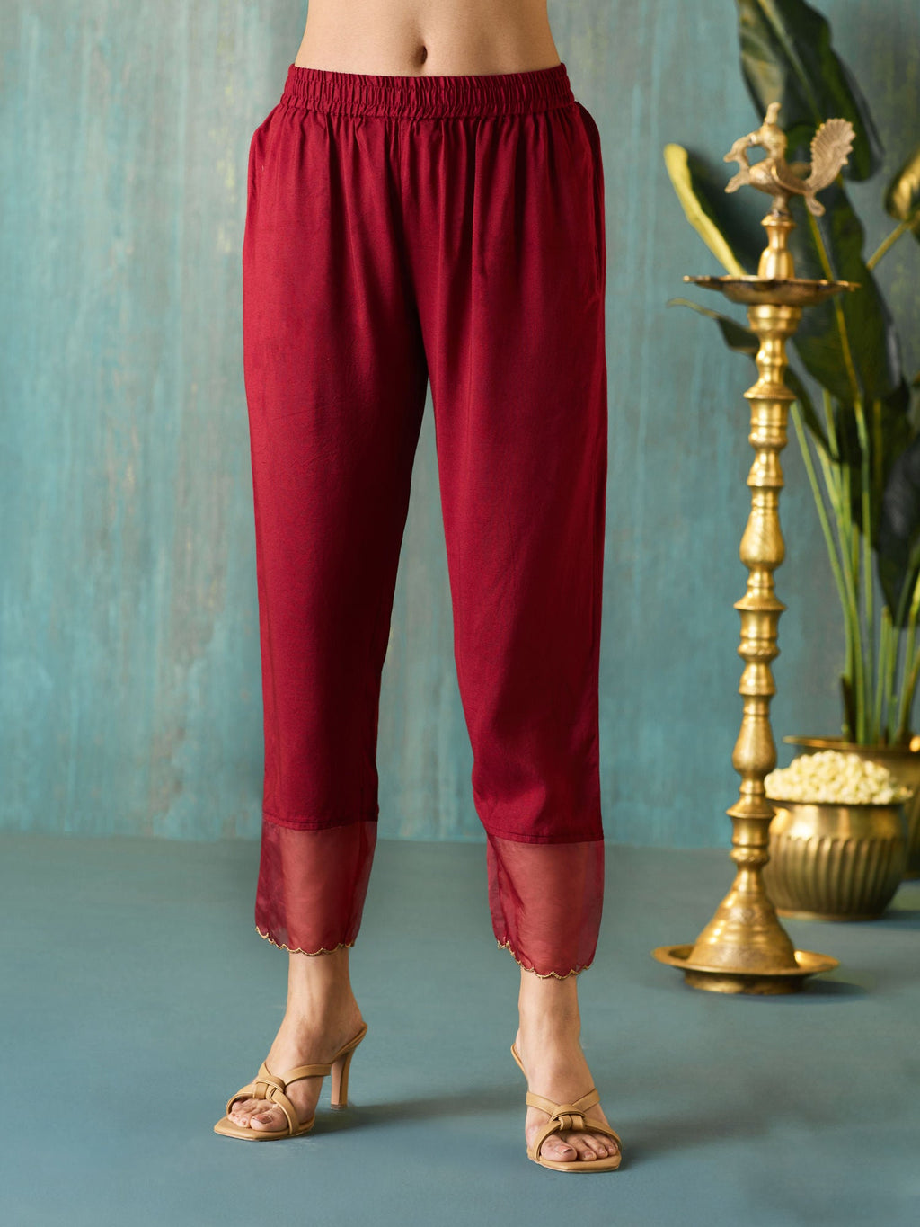 Likha Maroon Tyohar Chanderi Foil Printed Kurta Pant & Dupatta LIKSKD293 (Set of 3)