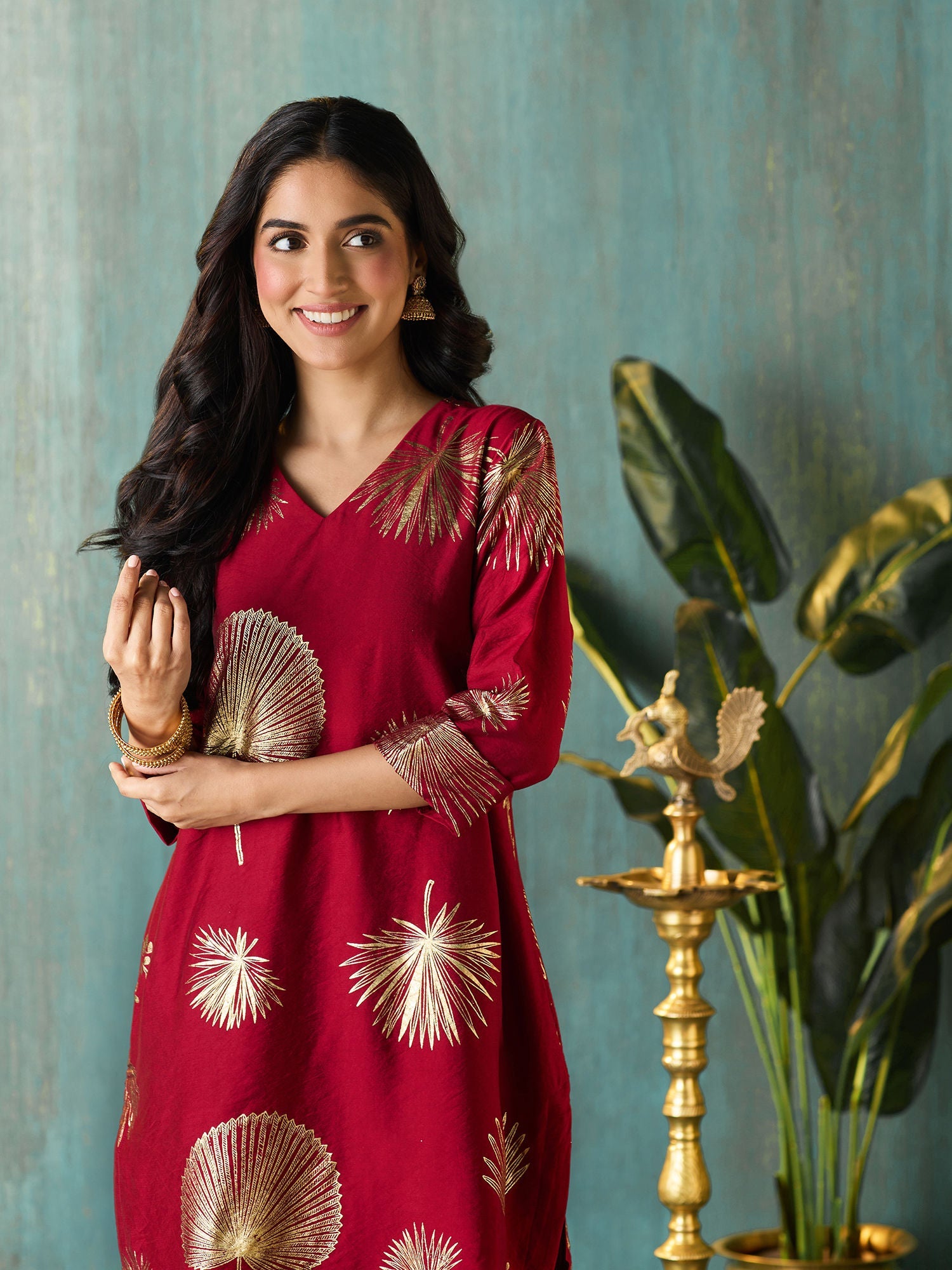 Likha Maroon Tyohar Chanderi Foil Printed Co-ord Set LIKSKD294 (Set of 2)