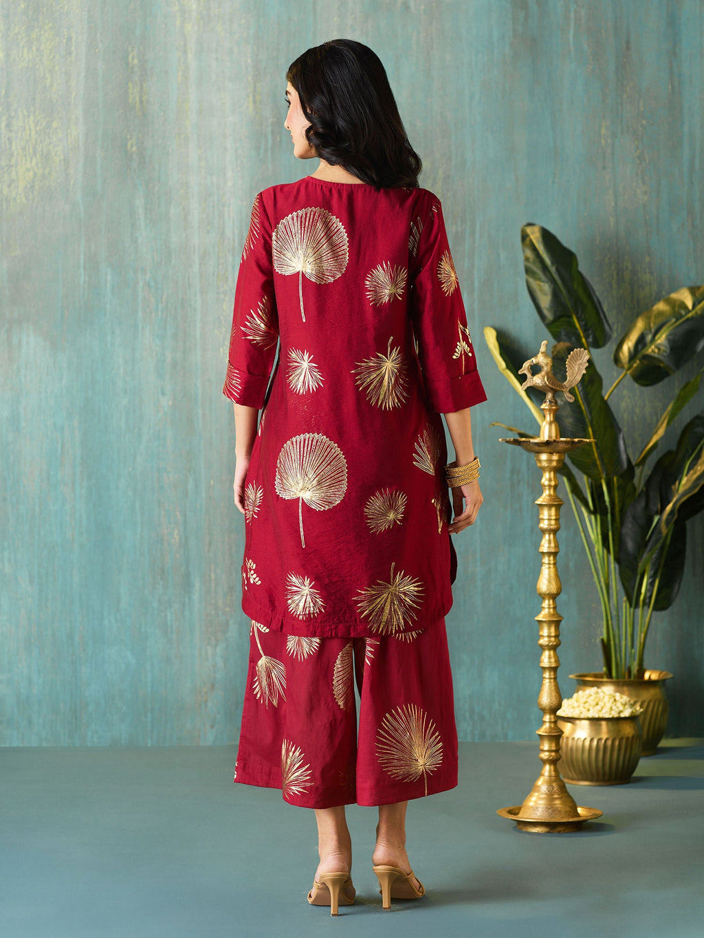 Likha Maroon Tyohar Chanderi Foil Printed Co-ord Set LIKSKD294 (Set of 2)