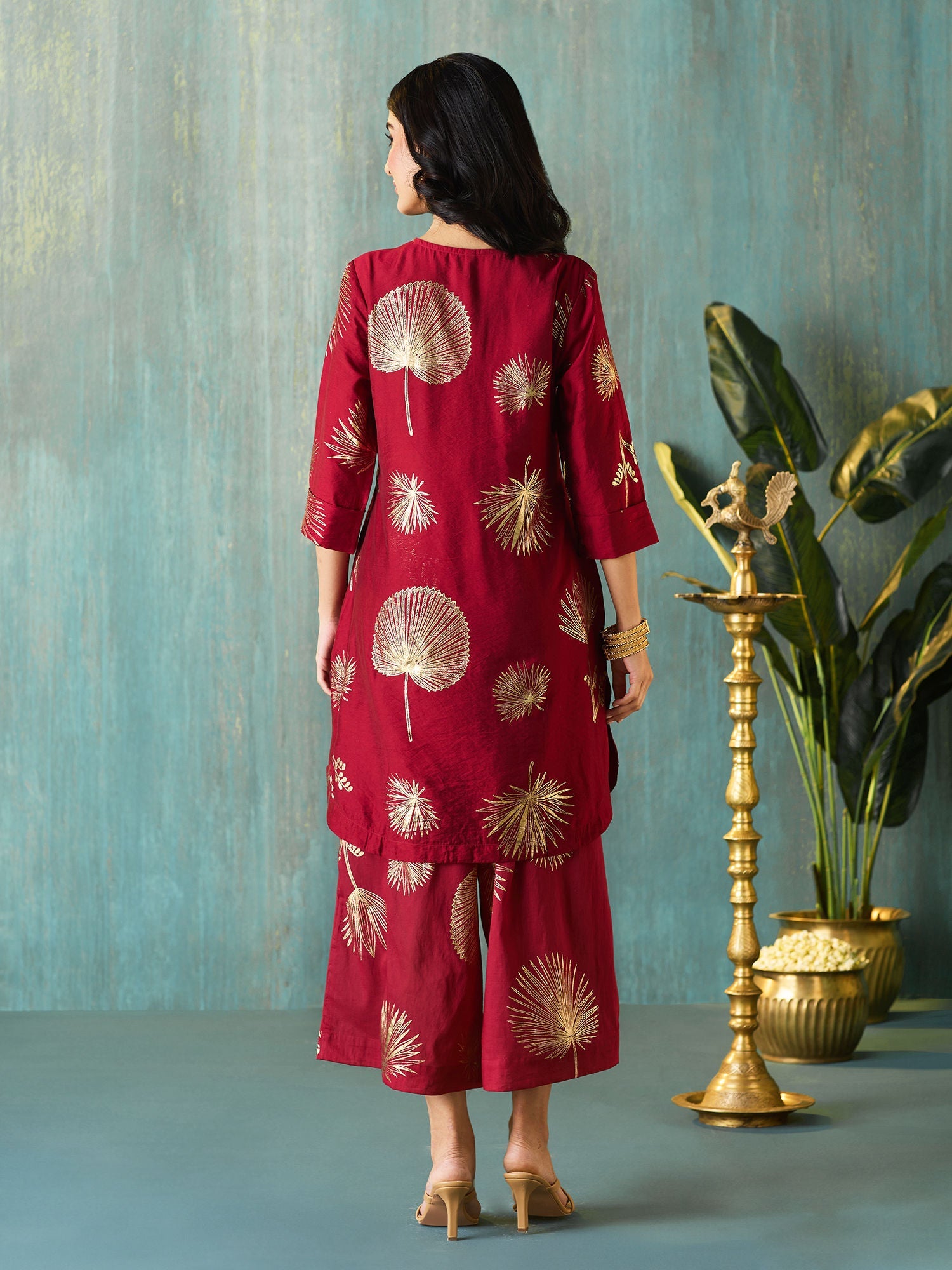 Likha Maroon Tyohar Chanderi Foil Printed Co-ord Set LIKSKD294 (Set of 2)