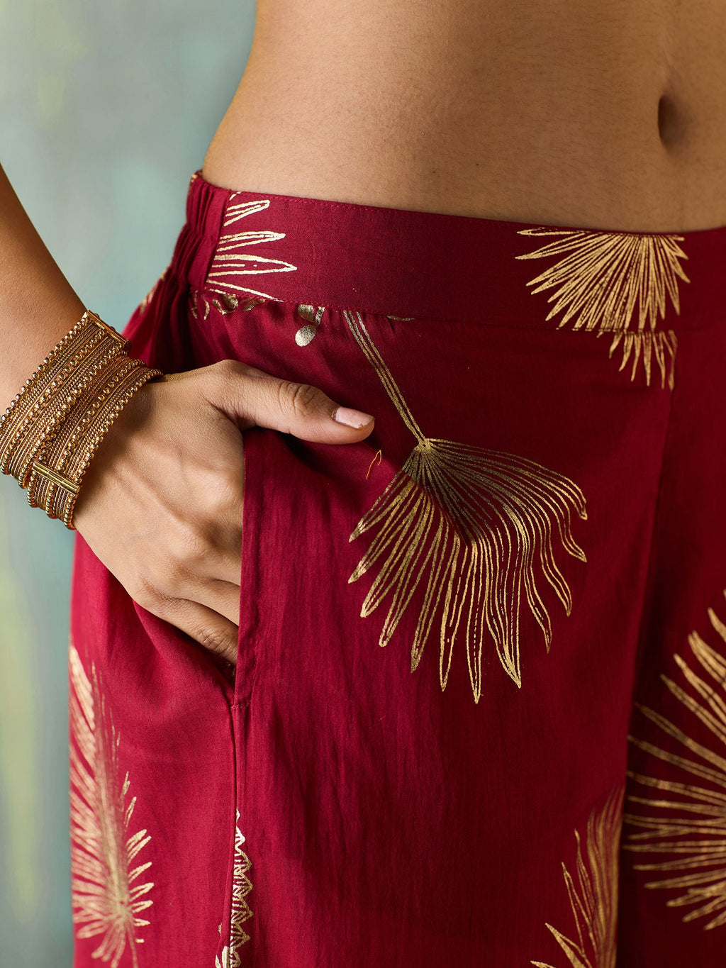 Likha Maroon Tyohar Chanderi Foil Printed Co-ord Set LIKSKD294 (Set of 2)