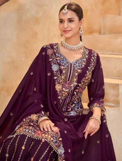 Anaita Maroon Vichitra Silk Readymade Palazzo Suit with Embroidery & Lace Work
