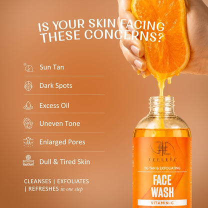Velleja De-Tan & Exfoliating Face Wash | Vitamin C Tan Removal & Brightening Face Cleanser