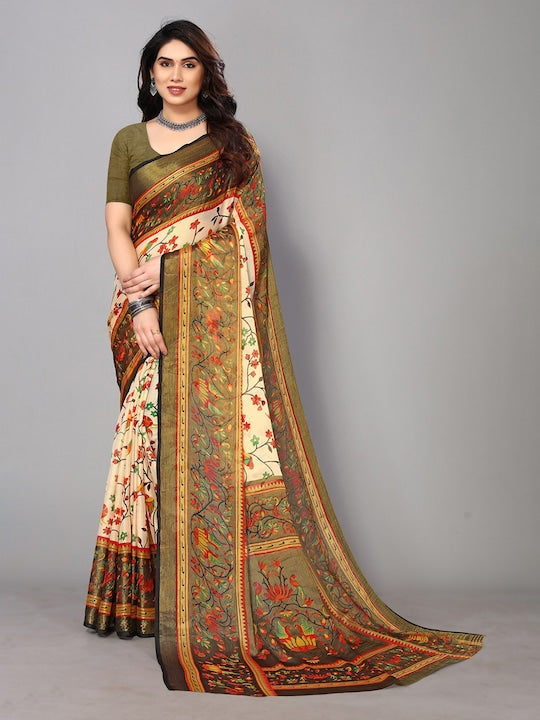 Fabmora Floral Printed Pure Chiffon Saree