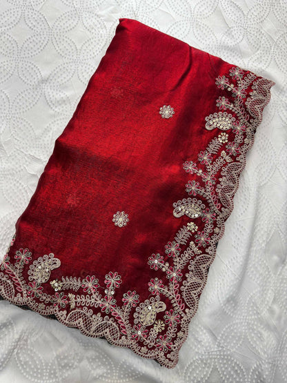 Teeya Creation New Womens Latest Party Wear Soft Chiffon Silk Saree-Red