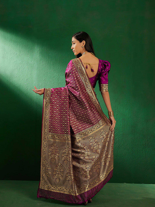 Sangria Pink Ethnic Motifs Woven Design Zari Banarasi Saree