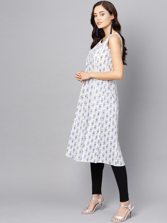 Anayna Women White & Blue Printed A-Line Kurta