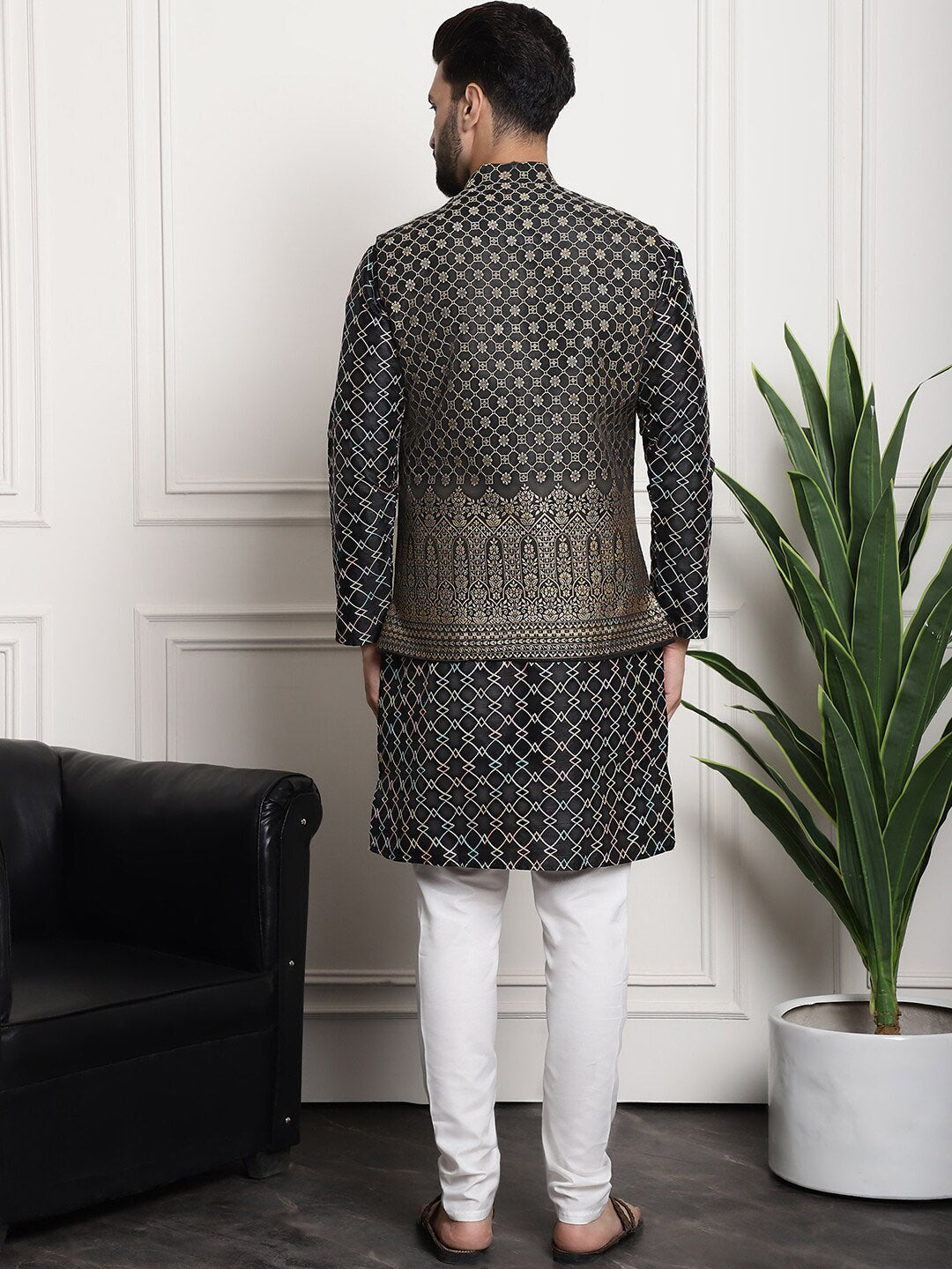 Sojanya Ethnic Motifs Woven Design Embroidered Straight Kurta & Churidar With Nehru Jacket