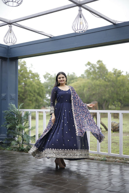 Aayaa Designer Embroidery Zari Sequins-Work Faux Blooming Georgette Suit - Navy Blue