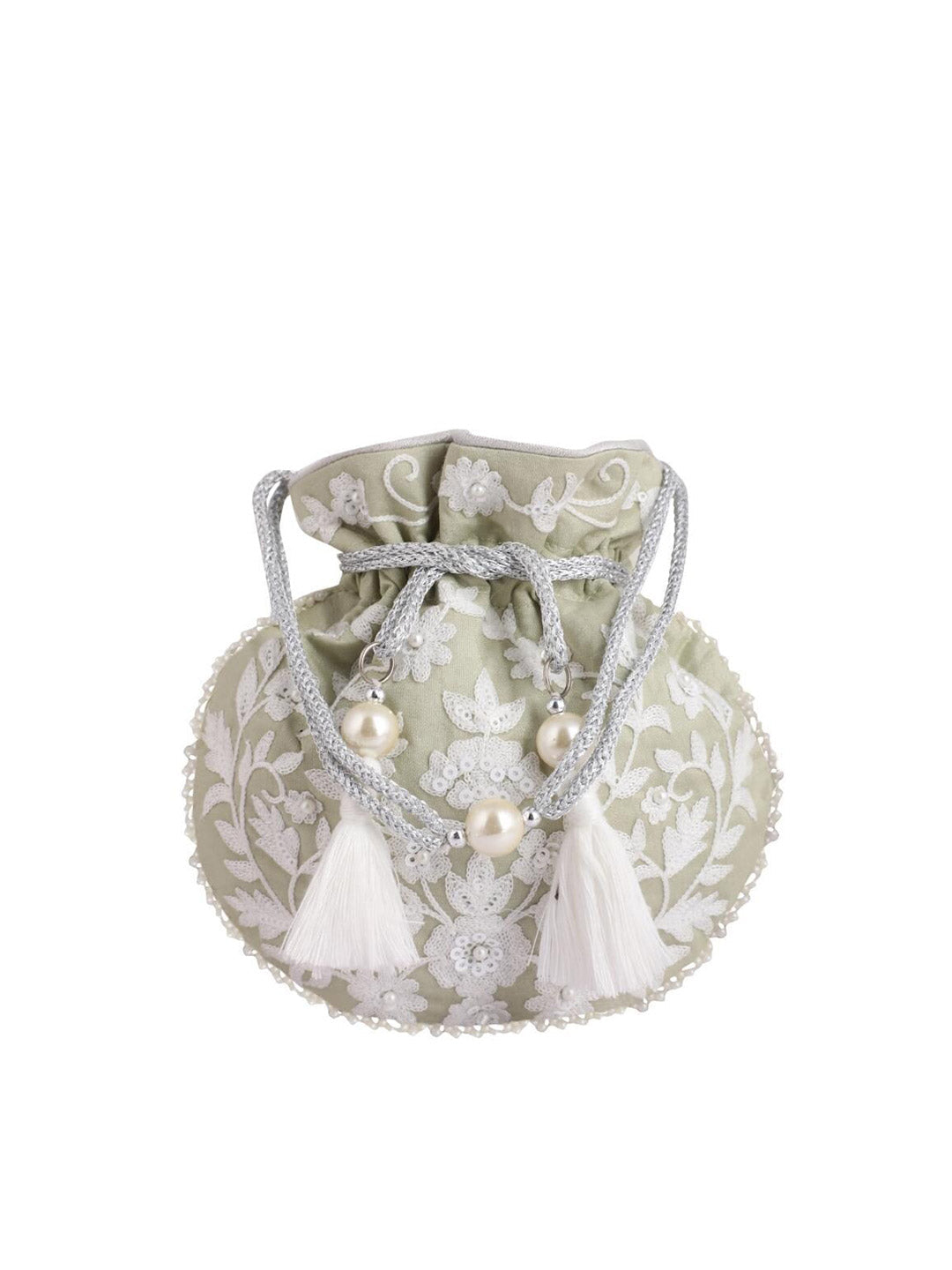 Masq Green & White Embellished Embroidered Potli Clutch