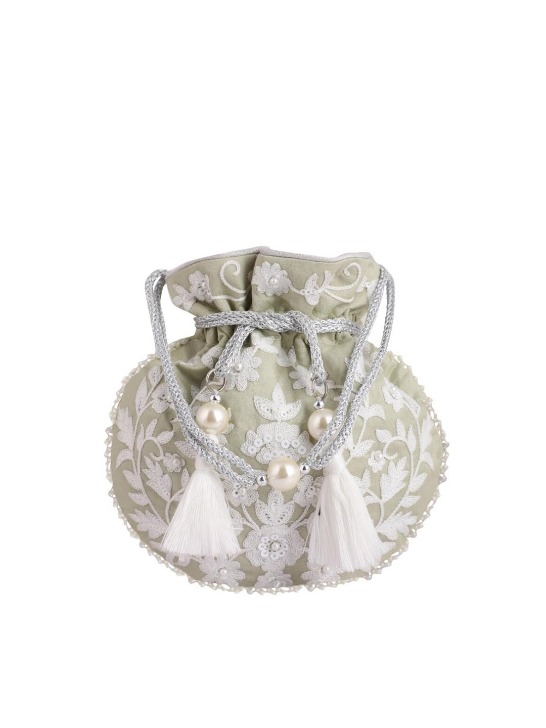 Masq Green & White Embellished Embroidered Potli Clutch