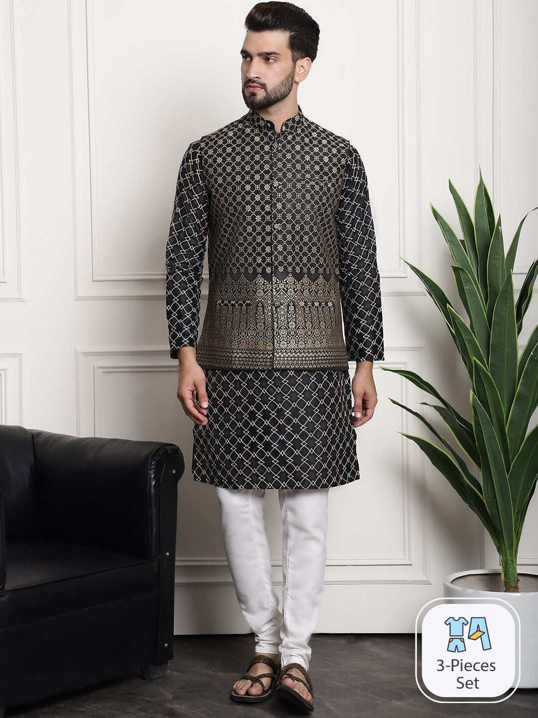 Sojanya Ethnic Motifs Woven Design Embroidered Straight Kurta & Churidar With Nehru Jacket