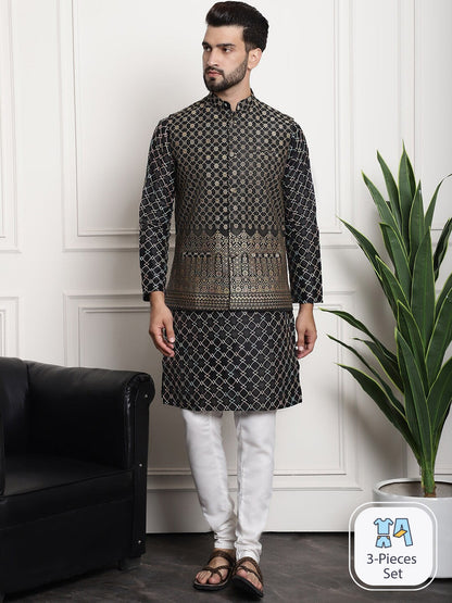 Sojanya Ethnic Motifs Woven Design Embroidered Straight Kurta & Churidar With Nehru Jacket