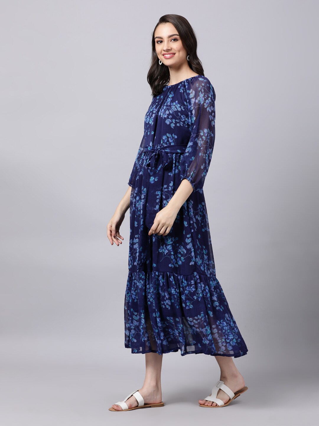 Souchii Navy Blue Floral Layered Chiffon A-Line Midi Dress