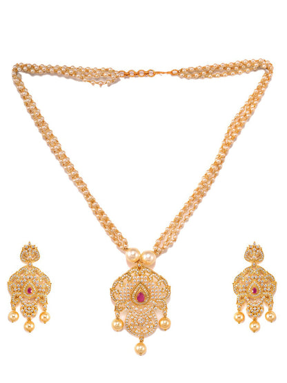 Saraf RS Jewellery Gold-Polished White & Magenta American Diamond Studded Jewellery Set