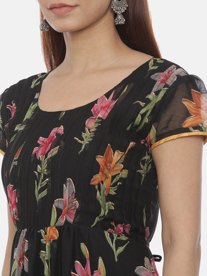 Souchii Round Neck Floral Printed Chiffon Maxi Dress