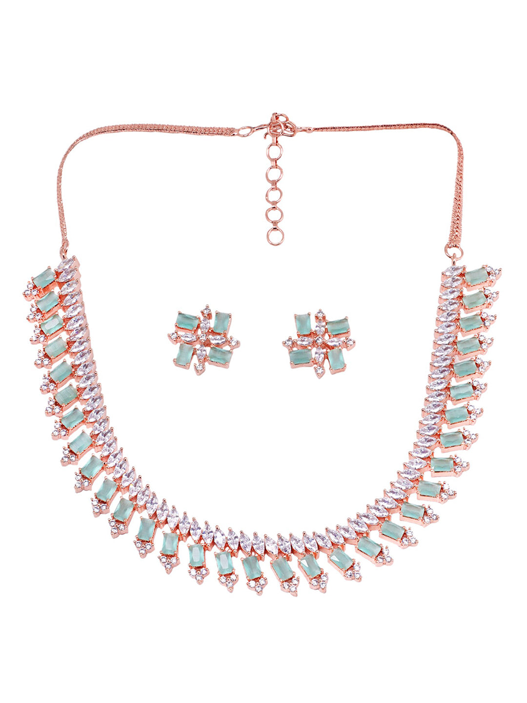 Saraf RS Jewellery Sea Green & Rose Gold-Polished American Diamond Studded Jewellery Set