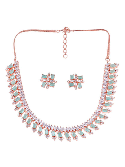 Saraf RS Jewellery Sea Green & Rose Gold-Polished American Diamond Studded Jewellery Set