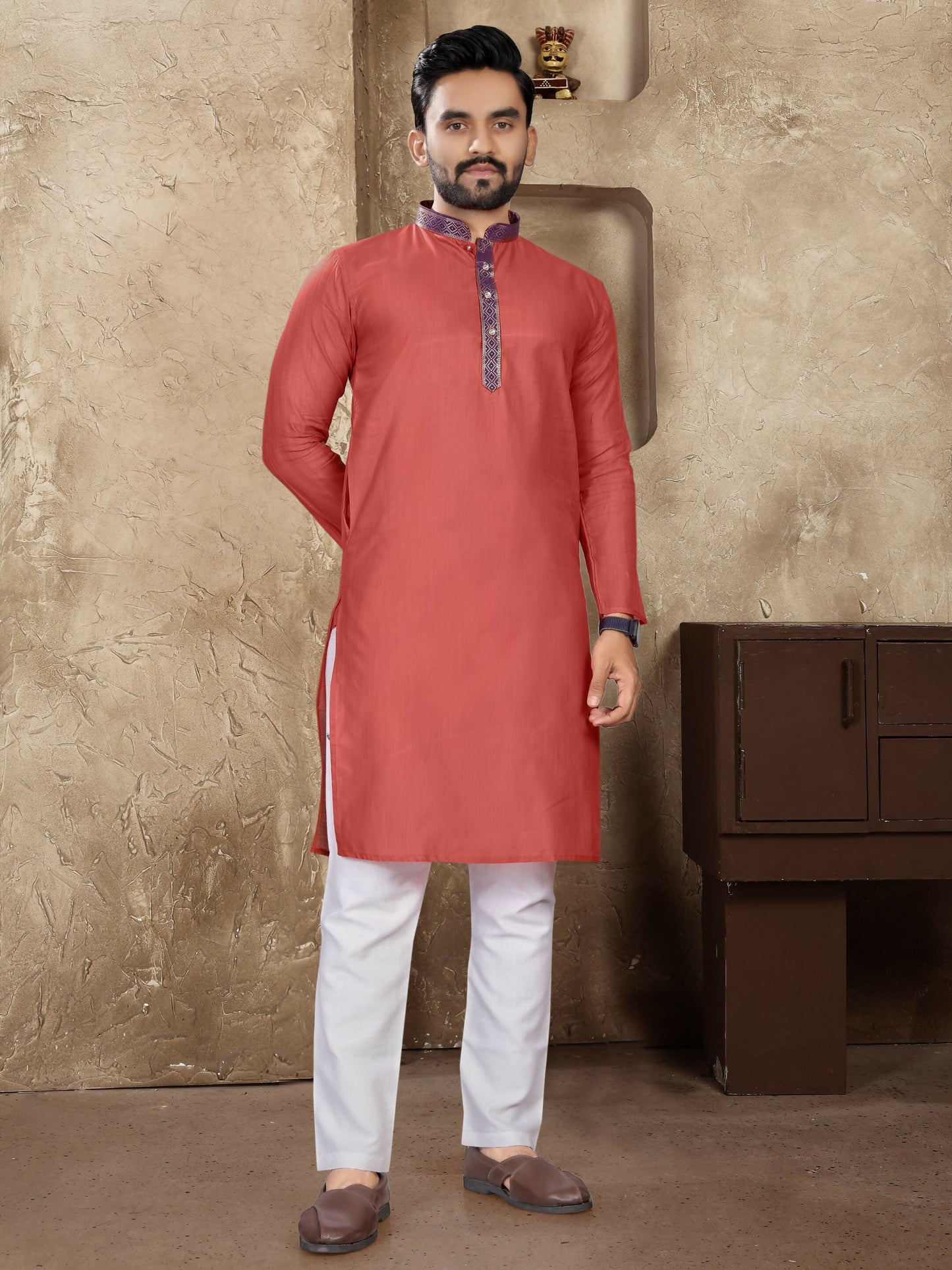 Anaita Peach Linen Silk Straight Kurta