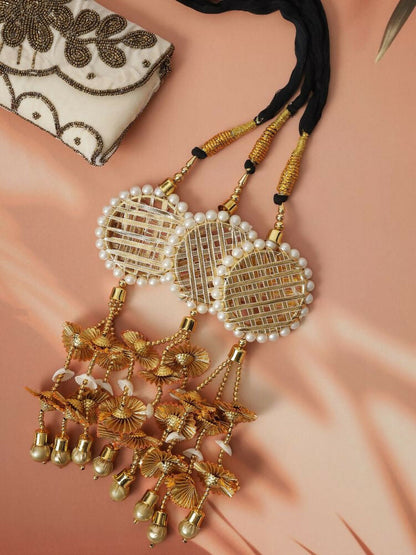 Ruby Raang Gold Gota Pati Work And Threads With Pearls And Black Thread And Mirrors