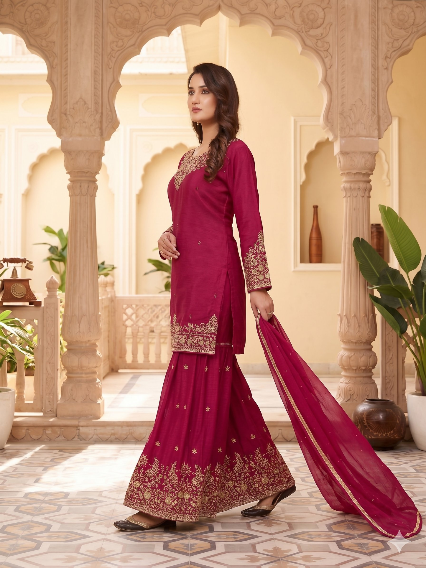 Teeya Creation Womens New Elegant Rani Pink Embroidered Sharara Suit With Golden Zari Work And Chiffon Dupatta