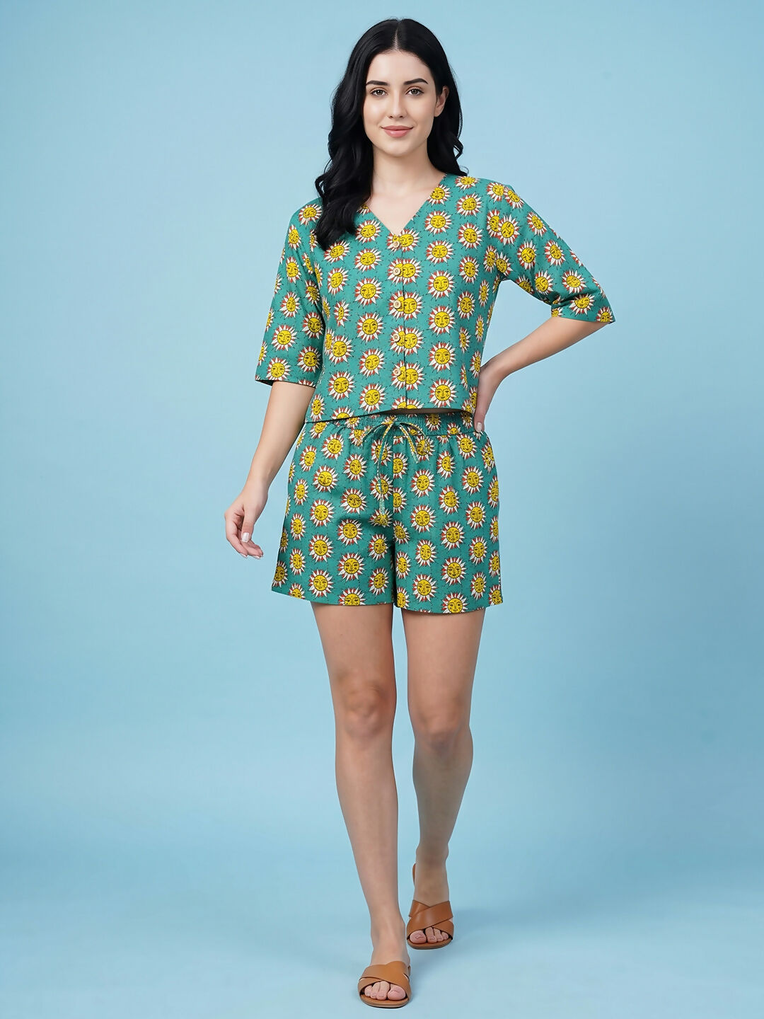 Breathables Woven Cotton Half Sleeves Sun Shorts Set Blue