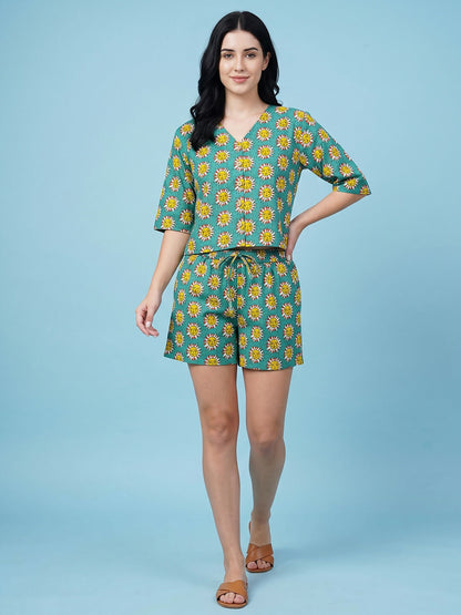 Breathables Woven Cotton Half Sleeves Sun Shorts Set Blue