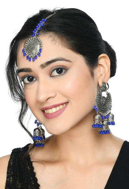 Mominos Fashion Johar Kamal Silver Jhumkas With Maang Tikka Earrings