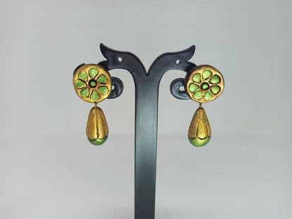 Terracotta Round Earstuds With Drops-Copper And Green