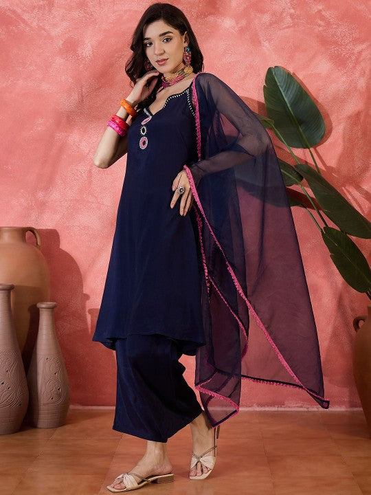 Sangria Embroidered Shoulder Straps Kurta With Trouser And Dupatta