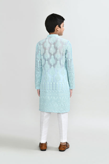 Joban Fashion Georgette Aqua Green Kurta With Straight Fit Pant