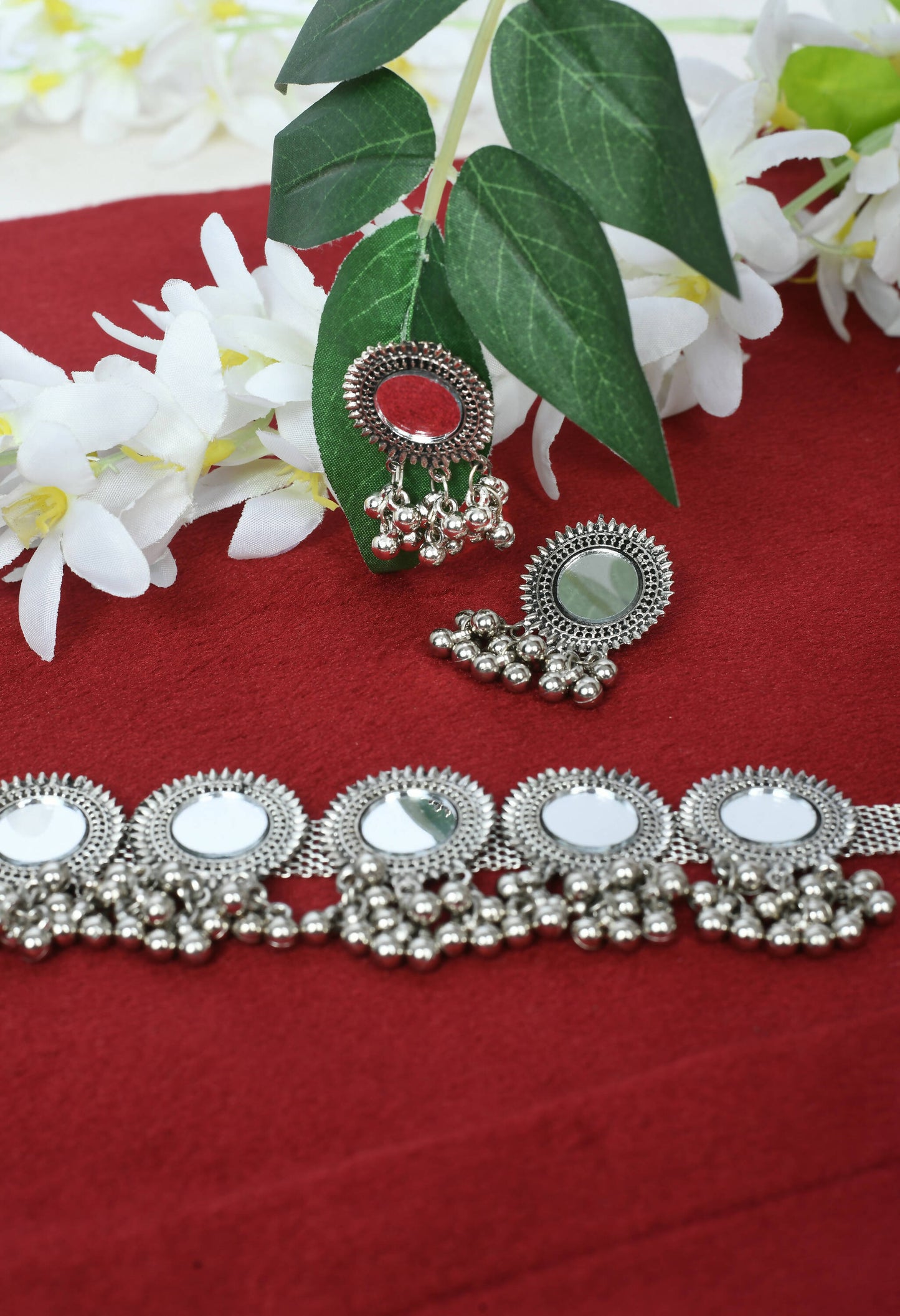 Mominos Fashion Johar Kamal Silver-Plated Brass Finish Mirror Work Women Choker